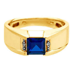 Diamond and Square Sapphire Men's Yellow Gold Ring