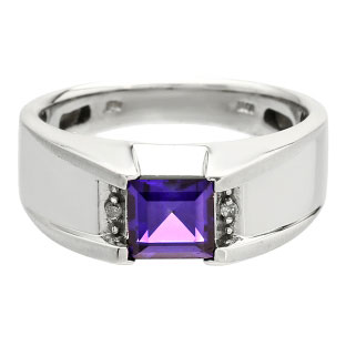 Diamond and Square Amethyst Men's White Gold Ring