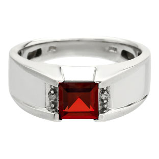 Diamond and Square Garnet Men's White Gold Ring