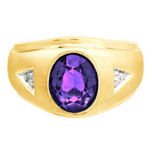Diamond and Oval Amethyst Gemstone Men's Yellow Gold Ring