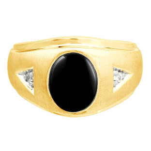 Diamond and Oval Black Onyx Gemstone Men's Yellow Gold Ring