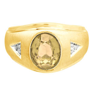 Diamond and Oval Citrine  Gemstone Men's Yellow Gold Ring