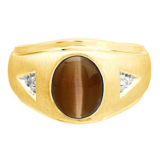 Diamond and Oval Brown Cat Eye Gemstone Men's Yellow Gold Ring