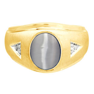 Diamond and Oval Grey Cat Eye Gemstone Men's Yellow Gold Ring