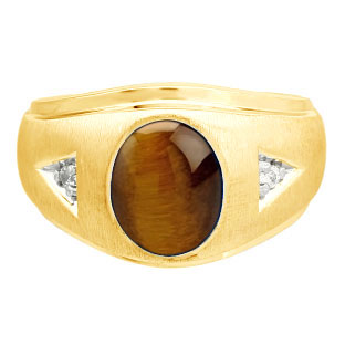 Diamond and Oval Tiger Eye Gemstone Men's Yellow Gold Ring