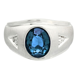 Diamond and Oval London Blue Topaz Gemstone Men's White Gold Ring