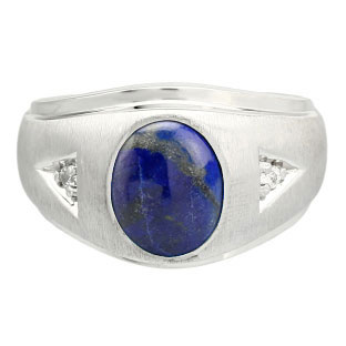 Diamond and Oval Lapis Gemstone Men's White Gold Ring
