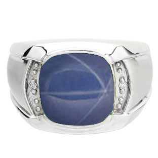 Big Men's Diamond Cushion Cut Blue Star Sapphire Sterling Silver Ring