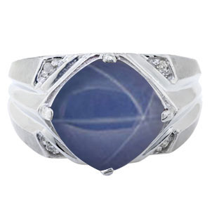White Gold Men's Large Blue Star Sapphire and Diamond Ring