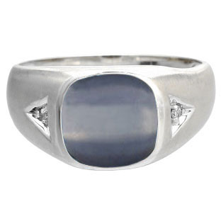 Diamond Antique Cushion Cats Eye Gemstone Men's White Gold Ring