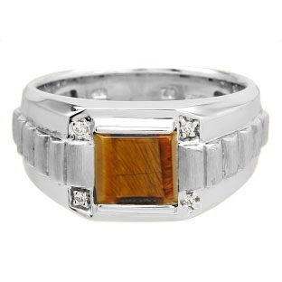 Men's Square Tiger Eye Gemstone Diamond White Gold Ring