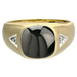 Antique Cushion Cut Black Onyx Gemstone Diamond Men's Gold Ring
