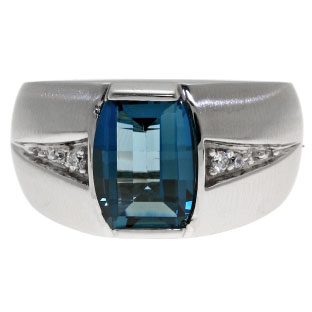 Custom Made Men's Barrel Cut London Blue Topaz Gemstone Diamond Ring In White Go
