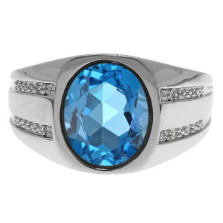 Oval-Cut Blue Topaz and Diamond Men's Ring In White Gold