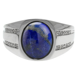 Oval-Cut Lapis and Diamond Men's Ring In White Gold