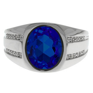 Oval-Cut Sapphire and Diamond Men's Ring In White Gold