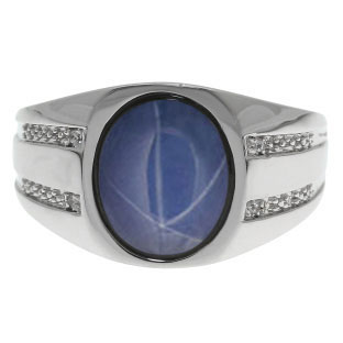 Oval-Cut Star Sapphire and Diamond Men's Ring In White Gold