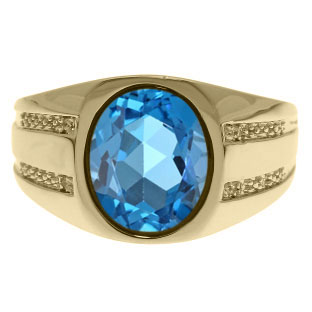 Oval-Cut Blue Topaz and Diamond Men's Ring In Yellow Gold