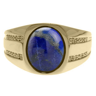 Oval-Cut Lapis and Diamond Men's Ring In Yellow Gold