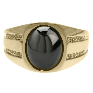 Oval-Cut Black Onyx and Diamond Men's Ring In Yellow Gold