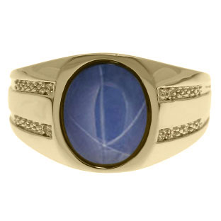 Oval-Cut Star Sapphire and Diamond Men's Ring In Yellow Gold