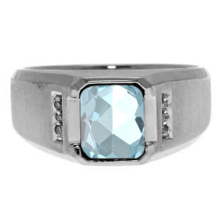 Diamond and Emerald Cut Aquamarine Gemstone Men's Ring In White Gold