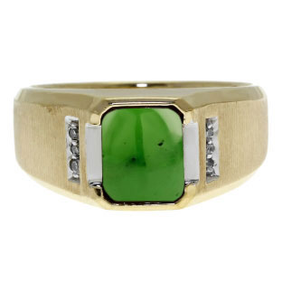 Diamond and Emerald Cut Jade Gemstone Men's Ring In Yellow Gold