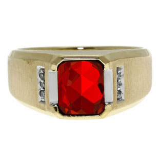 Diamond and Emerald Cut Ruby Gemstone Men's Ring In Yellow Gold