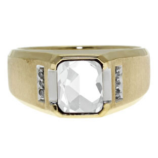 Diamond and Emerald Cut White Topaz Gemstone Men's Ring In Yellow Gold