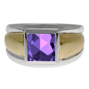 Two Tone 14K Gold Silver Men's Square Amethyst Ring