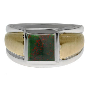 Two Tone 14K Gold Silver Men's Square Bloodstone Ring