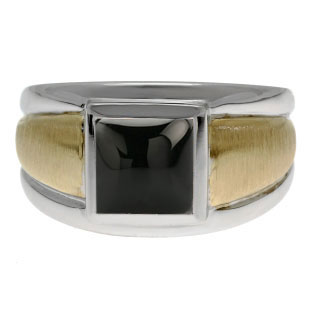 Two Tone 14K Gold Silver Men's Square Black Onyx Ring