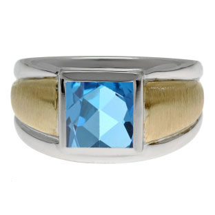 Two Tone 14K Gold Silver Men's Square Blue Topaz Ring