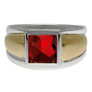 Two Tone 14K Gold Silver Men's Square Garnet Ring