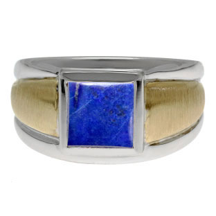 Two Tone 14K Gold Silver Men's Square Lapis Lazuli Ring
