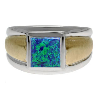 Two Tone 14K Gold Silver Men's Square Australian Opal Ring