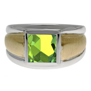 Two Tone 14K Gold Silver Men's Square Peridot Ring