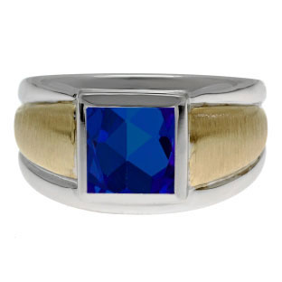 Two Tone 14K Gold Silver Men's Square Sapphire Ring