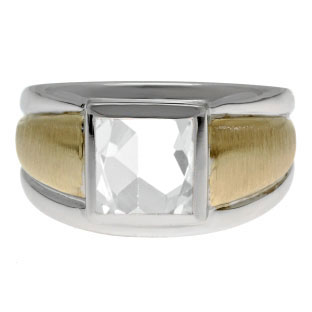 Two Tone 14K Gold Silver Men's Square White Topaz Ring