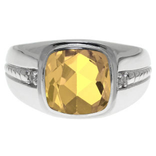 Cushion-Cut Citrine Gemstone and Diamond Men's Ring In White Gold