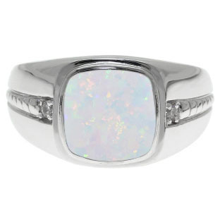 Cushion-Cut Opal Gemstone and Diamond Men's Ring In White Gold