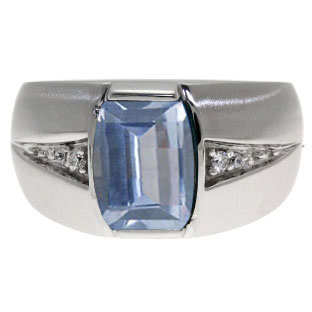 Custom Made Men's Barrel Cut Aquamarine Gemstone Diamond Ring In White Gold