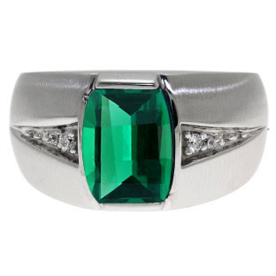 Custom Made Men's Barrel Cut Emerald Gemstone Diamond Ring In White Gold