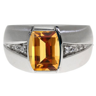 Custom Made Men's Barrel Cut Citrine Gemstone Diamond Ring In White Gold