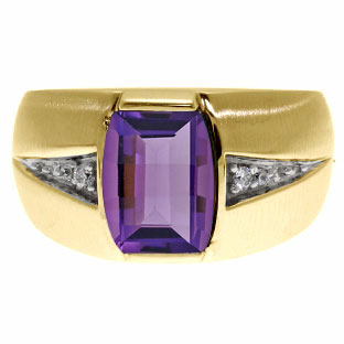 Custom Made Men's Barrel Cut Amethyst Gemstone Diamond Ring In Yellow Gold