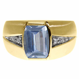 Custom Made Men's Barrel Cut Aquamarine Gemstone Diamond Ring In Yellow Gold