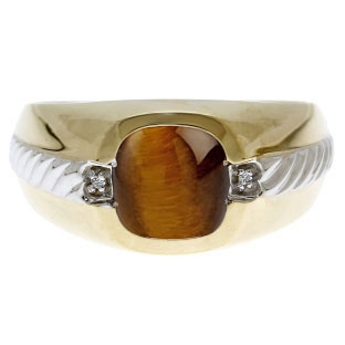 Men's Tiger Eye and Diamond Accent Ring In Two Tone Gold