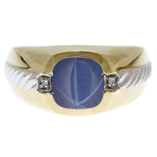 Men's Star Sapphire and Diamond Accent Ring In Two Tone Gold
