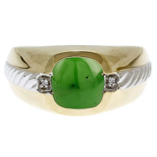 Men's Jade and Diamond Accent Ring In Two Tone Gold