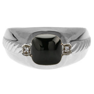 Men's Black Onyx and Diamond Accent Ring In White Gold